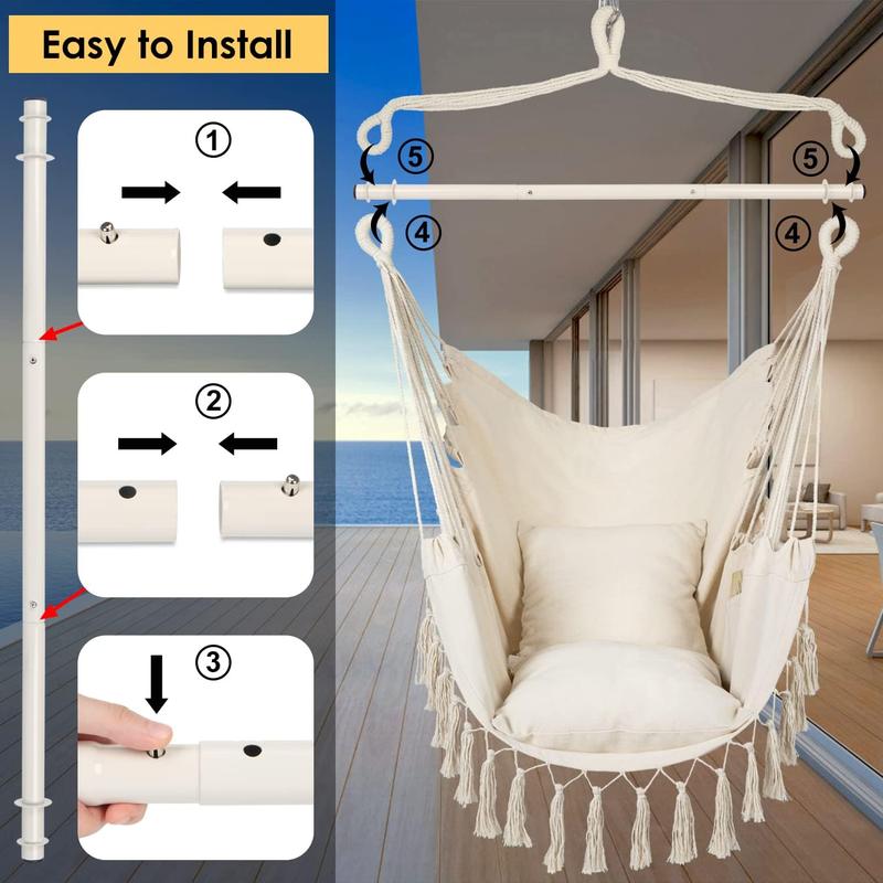 Hammock Chair Hanging Rope Swing, Max 500 Lbs, 2 Cushions Included, Large Macrame Hanging Chair with Pocket for Superior Comfort, with Hardware Kit (Beige)