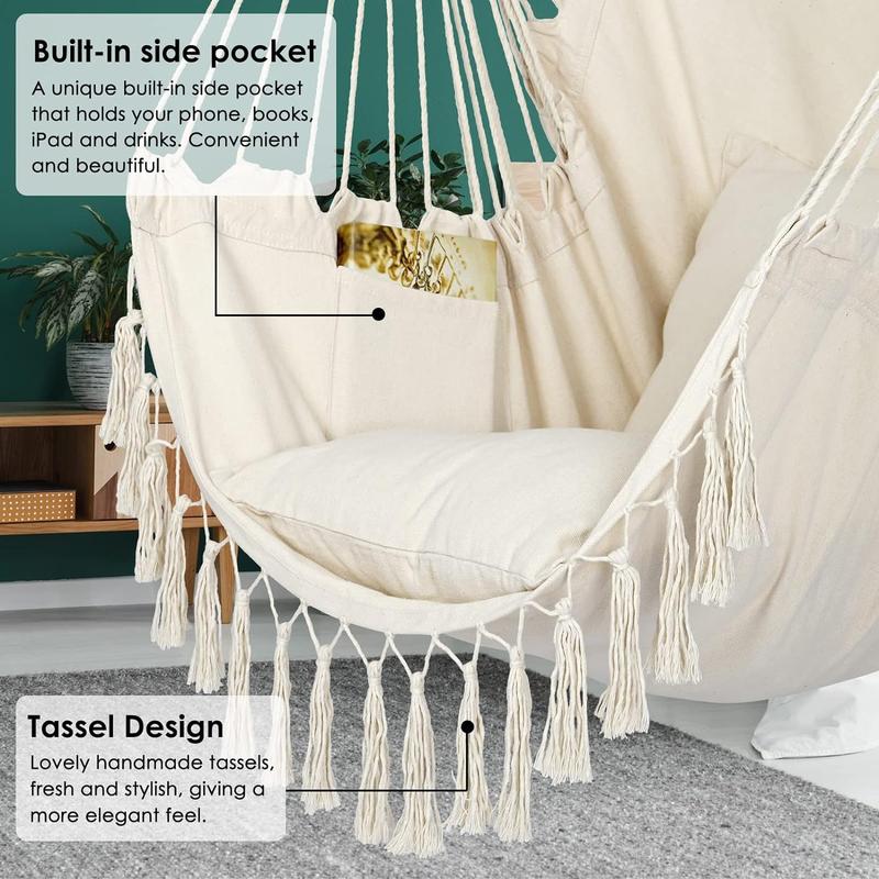 Hammock Chair Hanging Rope Swing, Max 500 Lbs, 2 Cushions Included, Large Macrame Hanging Chair with Pocket for Superior Comfort, with Hardware Kit (Beige)