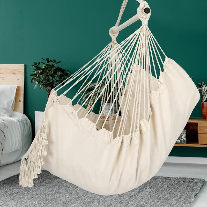 Hammock Chair Hanging Rope Swing, Max 500 Lbs, 2 Cushions Included, Large Macrame Hanging Chair with Pocket for Superior Comfort, with Hardware Kit (Beige)