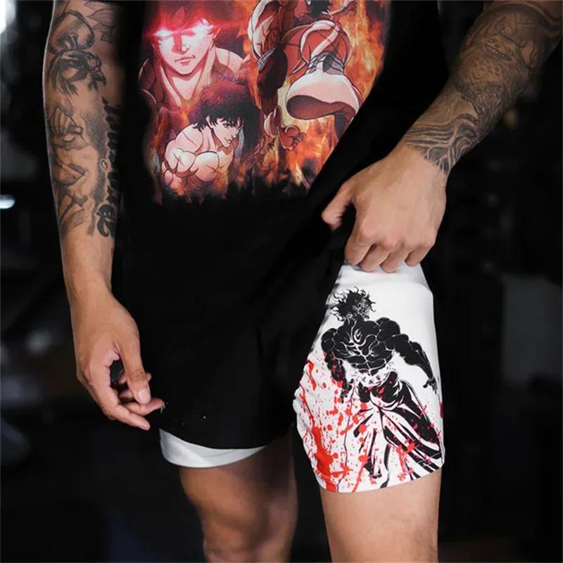 Baki Hanma Anime Gym Workout Shorts for Men Athletic 2 in 1 Compression Shorts Breathable Activewear Fitness Training Running