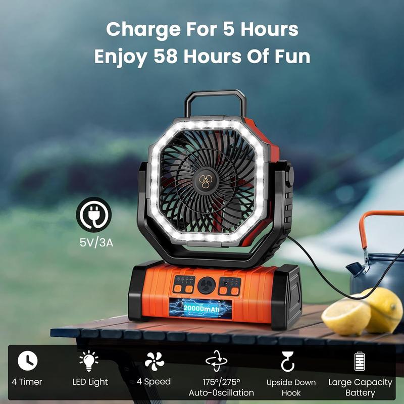 20000mAh Camping with LED Light,Auto-Oscillating Desk with Remote & Hook,Rechargeable Battery Operated Outdoor Tentwith Timer,4 Speeds USB for Camp Travelpetite light fan Mobile portable outdoor camping portable fan Christmas New Year Gift