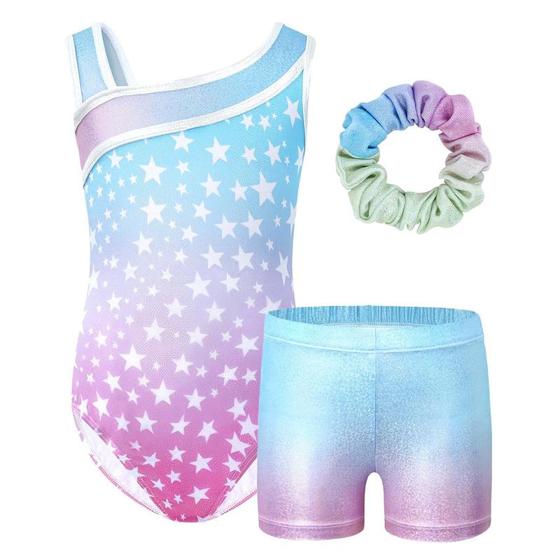 JiAmy Girls Gymnastics Leotards, Glitter Ballet Dance Unitards Biketards Activewear with Short & Hairband for Kids 3-12 Years