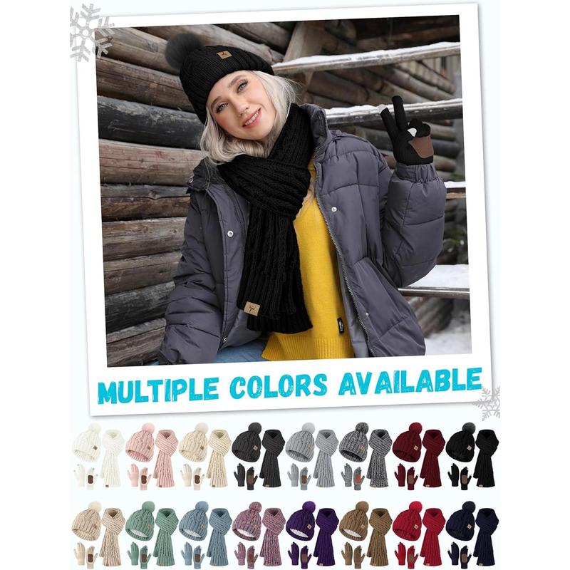 Winter Hat Scarf Gloves Set,Fleece Lined Pom Pom Beanie Hat Warm Knit Long Scarf Touchscreen Gloves Winter Gifts for Women