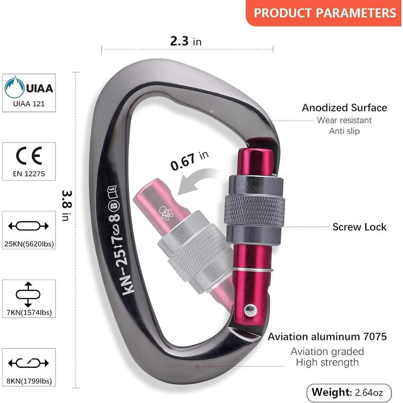 Heavy Duty Carabiner UIAA Certified Locking Carabiner 25KN (About 5620 lbs) Screw Lock Carabiner D Shape Carabiner Clip for Rock Climbing, Mountaineer, Aerial Work