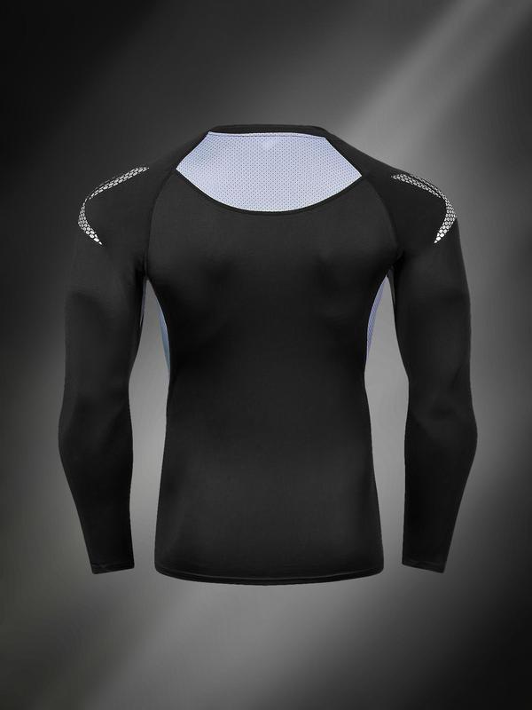 Men's Patchwork Round Neck Sports Tee, Sporty Long Sleeve Crew Neck Compression Top, Men's Sportswear for Outdoor Workout Running