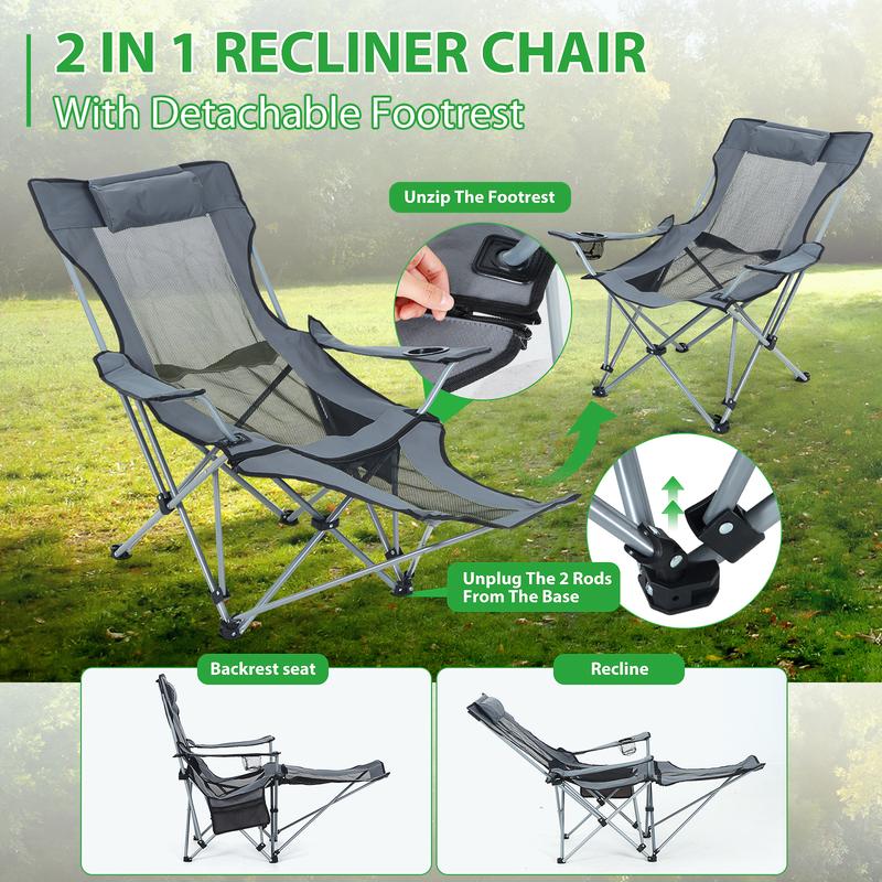 Reclining Camping Chair with Footrest & Headrest: Portable Lounge Chair Featuring Storage Bag & Cup Holder for Outdoor Adventures and Indoor Comfort