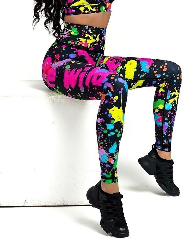 Women's  Letter & Splash Ink Print High Waist Leggings, Casual Comfy Skinny Pants for Yoga Gym Workout, Ladies Bottoms for All Seasons