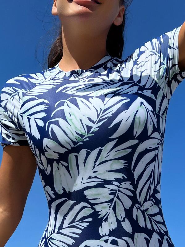 Women's Leaf Print Cut Out Zipper One-piece Swimsuit, Casual Comfy Round Neck Raglan Sleeve Swimwear, Ladies Summer Swimsuit