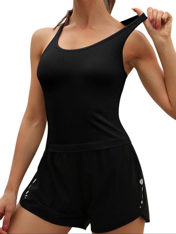 Women's Plain Scoop Neck Sports Tank Top, Summer Clothes Women, Solid Sleeveless Racerback Support Top, Ladies Sportswear Clothing for Indoor Outdoor Wear