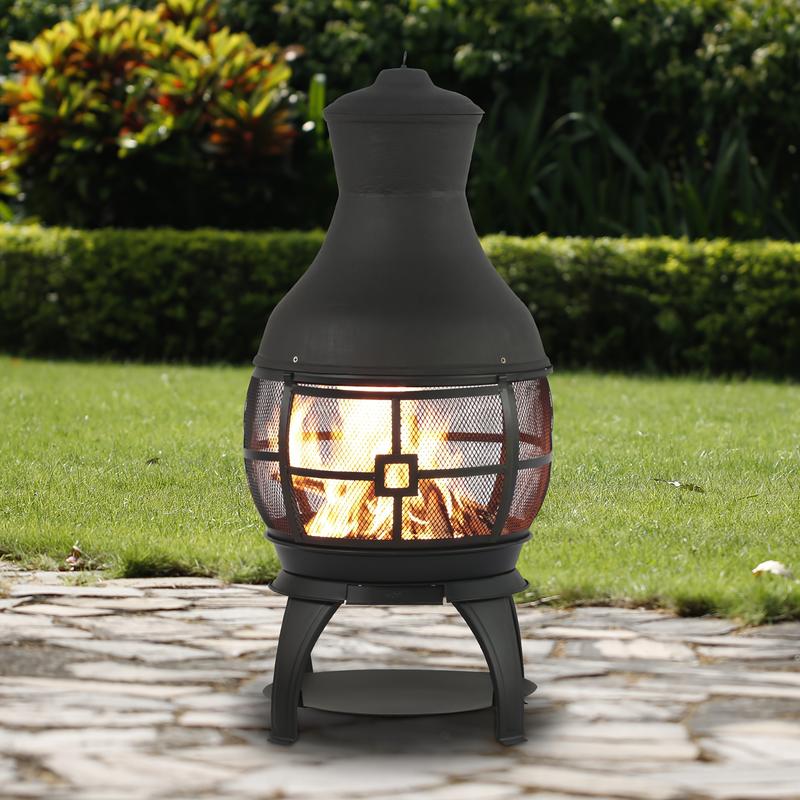 BALI OUTDOORS Wood Burning Fire Pit, Outdoor Chimenea Wooden Fireplace, Brown-Black Round Cast Iron Fire Pit With Poker, Ash Pan For Backyard, Garden