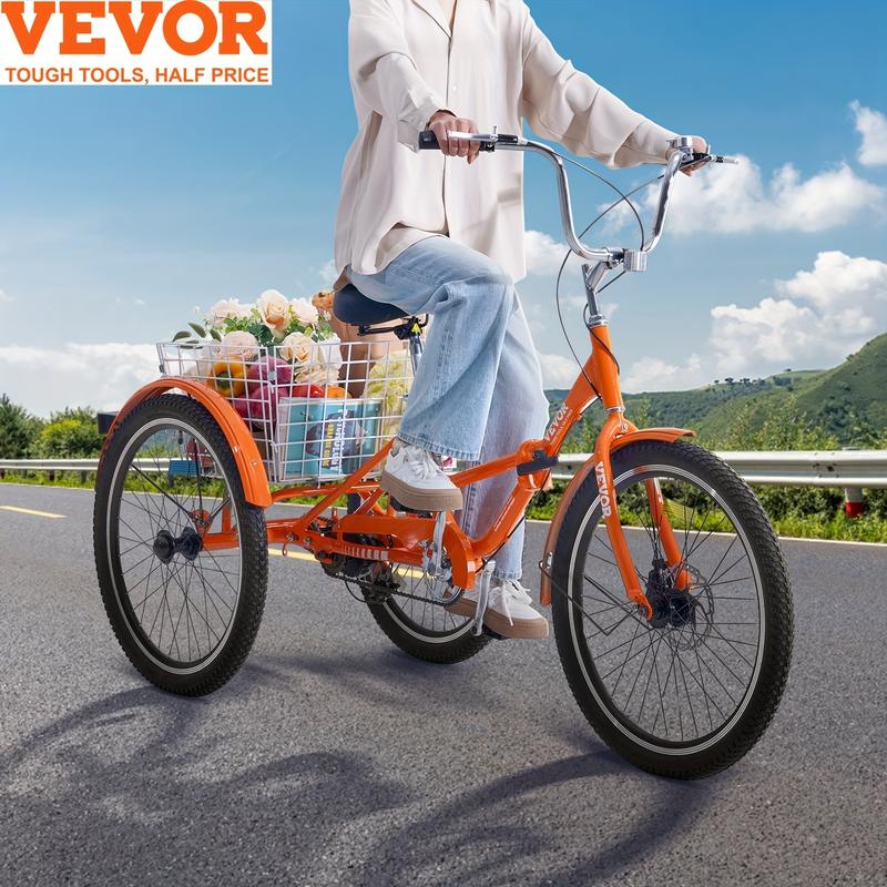 26-Inch Adult Tricycle Folding Tricycle, Aluminum Alloy Brake and Quick Assembly, 3-Wheel Bicycle 1-Speed Tricycle with Shopping Basket, Suitable for Elderly Adults, Vibrant Orange