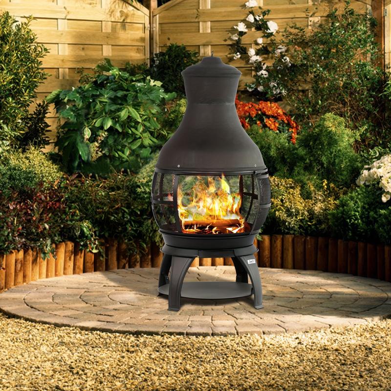 BALI OUTDOORS Wood Burning Fire Pit, Outdoor Chimenea Wooden Fireplace, Brown-Black Round Cast Iron Fire Pit With Poker, Ash Pan For Backyard, Garden