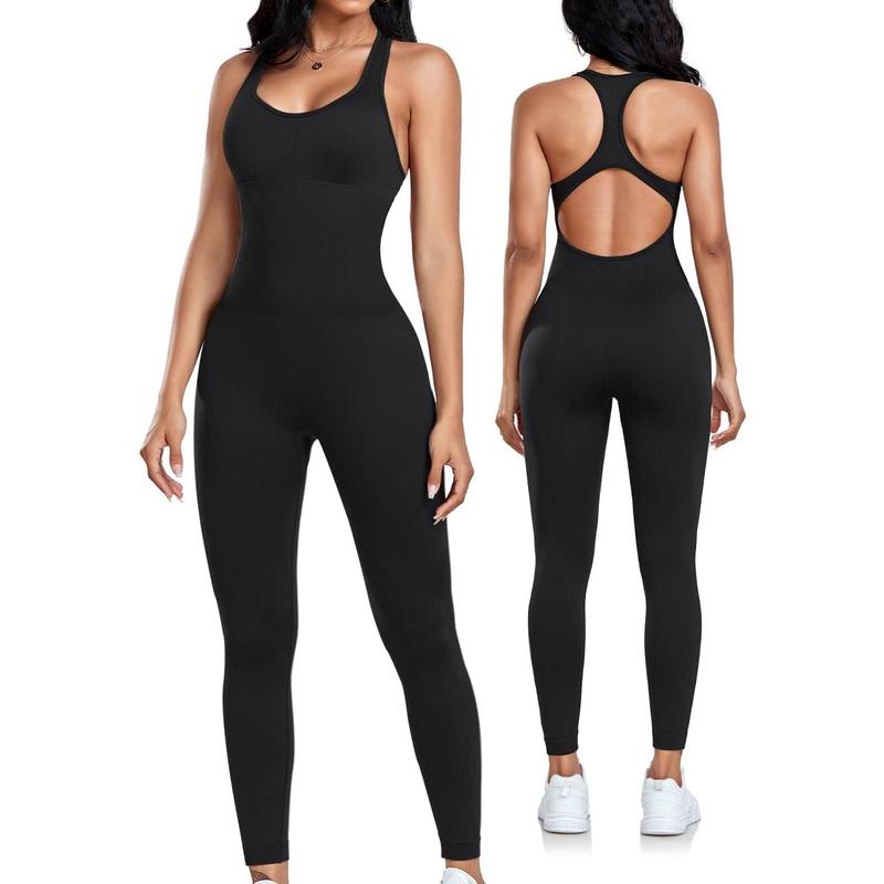 Womens Workout Jumpsuits Seamless Yoga Gym Bodycon Rompers Sexy Racerback Tummy Control Padded Bra Unitard