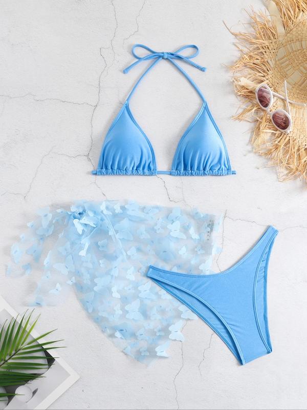 Women's Butterfly Appliques Sheer Bikinis Set, Halter Triangle Swim Cup Bra & High Cut Swim Panty & Knot Side Cover Up Skirt, Swimsuit Sets, Bathing Suits 2024 for Women Summer, Summer Tummy Control Swimwear for Beach Holiday