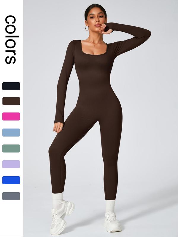 Women's Solid Long Sleeve Square Neck Sports Jumpsuit, Casual Comfy High Stretch Seamless Jumpsuit for Yoga Gym Workout Running, Ladies Sportswear for All Seasons