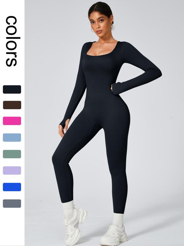 Women's Solid Long Sleeve Square Neck Sports Jumpsuit, Casual Comfy High Stretch Seamless Jumpsuit for Yoga Gym Workout Running, Ladies Sportswear for All Seasons