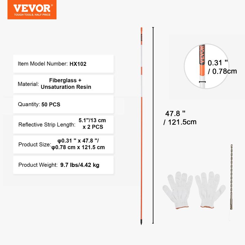 VEVOR Driveway Markers, 50 PCS 48 inch, 0.4 inch Diameter, Orange Fiberglass Poles Snow Stakes with Reflective Tape, 12