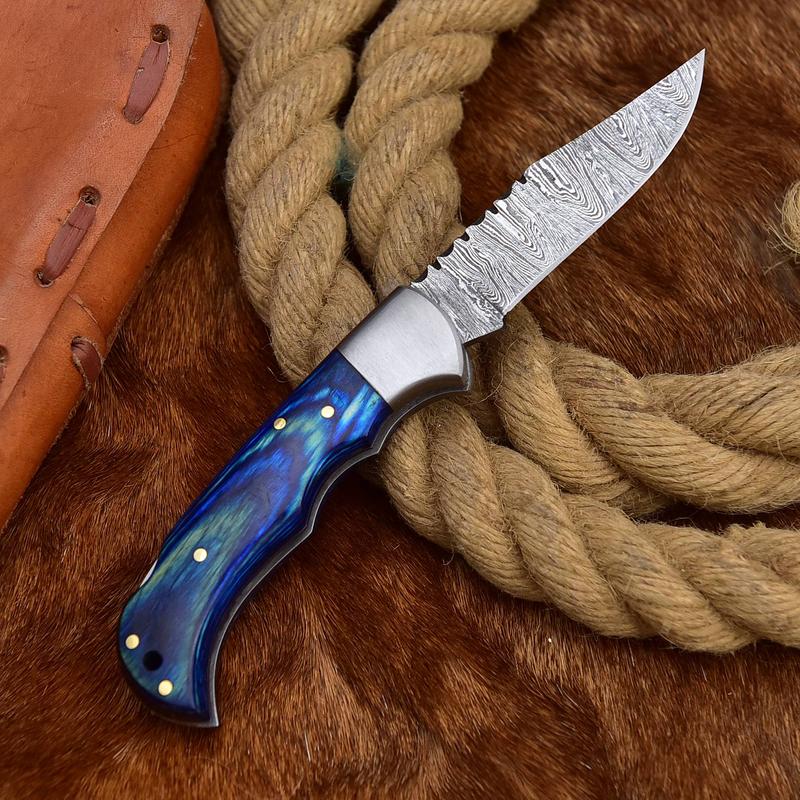 Damascus Steel Folding Pocket Knife - Blue Wood Handle, 7