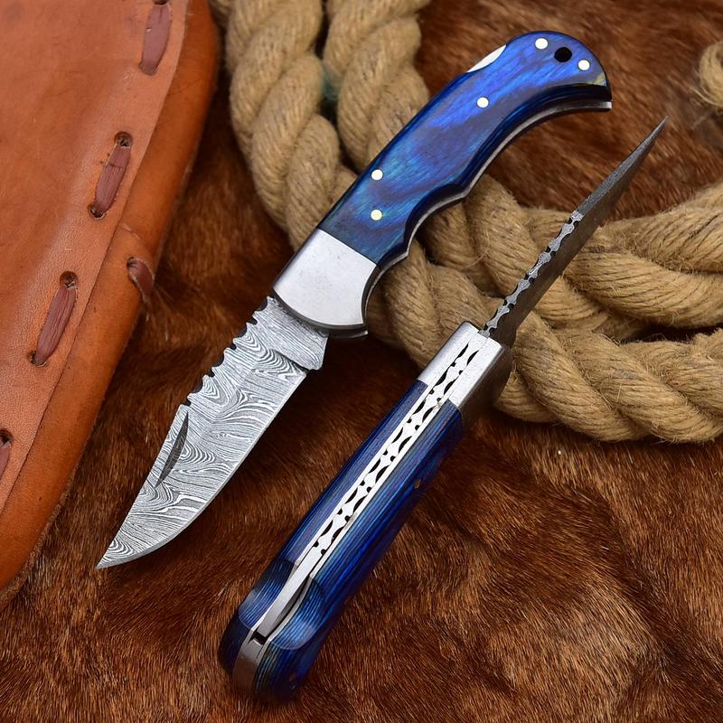 Damascus Steel Folding Pocket Knife - Blue Wood Handle, 7