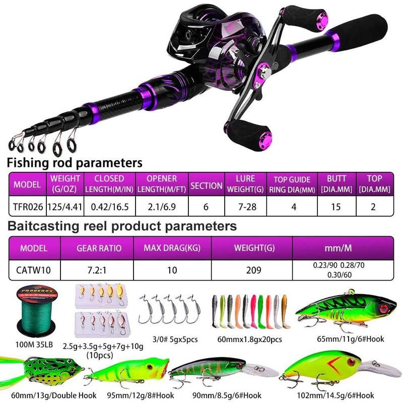 Fishing Rod and Reel Combo - 6.9ft Telescopic Spincast Rod with Left Handed Baitcasting Reel Combos - Sea Saltwater Freshwater Ice Bass Fishing Tackle Set - Fishing Rods Kit