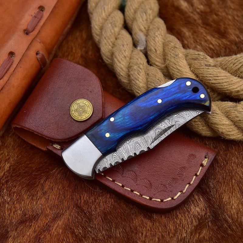 Damascus Steel Folding Pocket Knife - Blue Wood Handle, 7