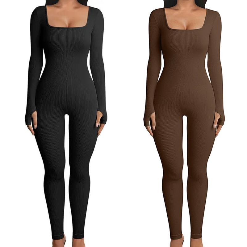 Women's Long Sleeve Square Neck Ribbed Rompers Solid Workout Bodycon Sport Jumpsuit winter sport