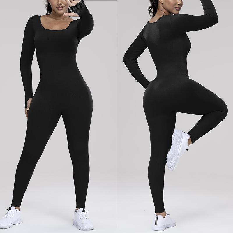 Women's Long Sleeve Square Neck Ribbed Rompers Solid Workout Bodycon Sport Jumpsuit winter sport