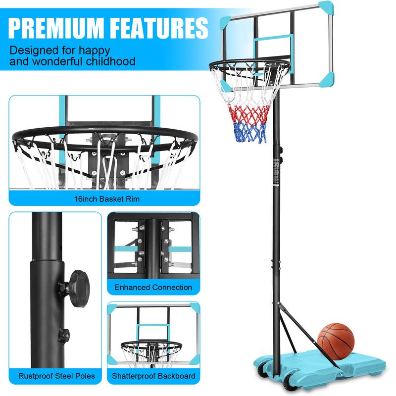 Portable Basketball Goal System with Stable Base and Wheels for Indoor Outdoor Height Adjustable 5.6 to 7ft Hoop - 28 Inch Backboard