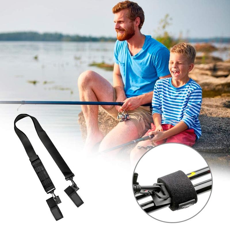 Fishing Rod Holder Belt, Durable Fishing Rod Carry Straps Adjustable Length 30-54 Inch Fishing Poles Holder Strap Rod Shoulder Belt Travel Tackle Carrier for Freshwater Saltwater, Black