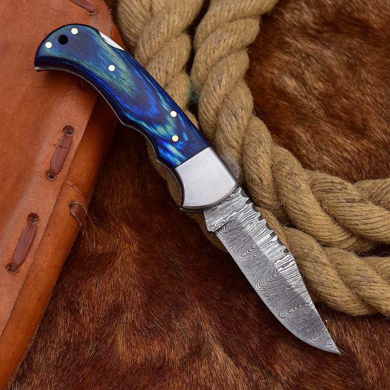 Damascus Steel Folding Pocket Knife - Blue Wood Handle, 7