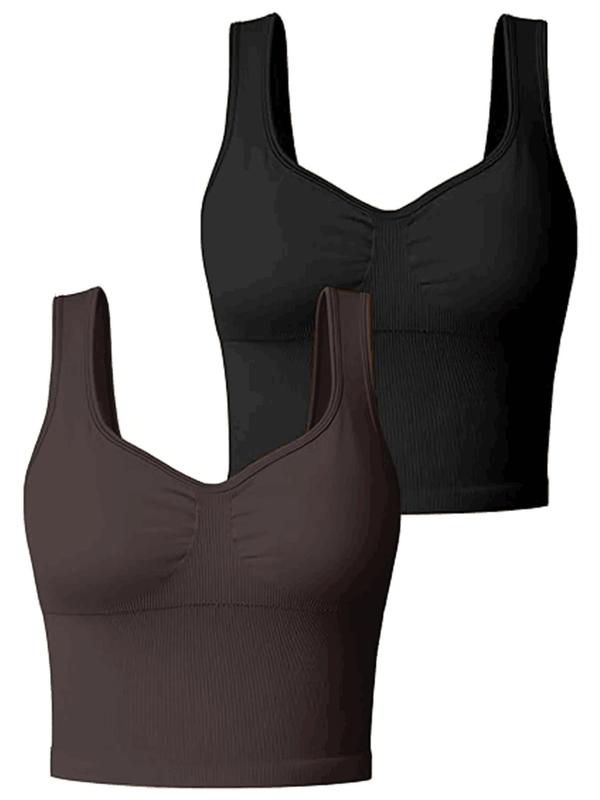 Women's 2pcs Solid Ruched Sports Vest, Hight Stretch Seamless Sweetheart Neck Sports Top, Ladies Sportswear for Indoor Outdoor Wear