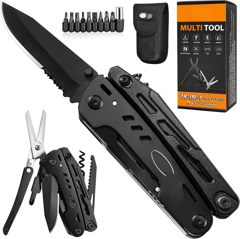 Multitool Pocket Knife Tactical Camping Survival Knife Gifts for Men Dad Husband 18 in 1 Multi Tool Knife Pliers Scissors Saw Corkscrew 9-Pack Screwdrivers with Safety Lock and Nylon Sheath