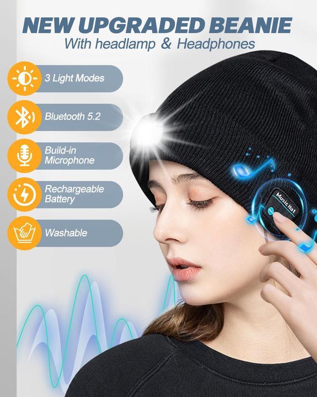 KiLuu- Bluetooth Beanie with LED Headlight andRemovable Speakers, USB Rechargeable Knitwarm winter Hat balaclava Hat for Music andCalling, sport,outdoor,Unisex Christmas BirthdayGift