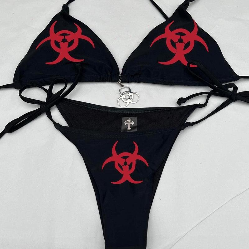 Red Biohazard Warning Symbol Black Halter Neck Bikini Tie String Set Women? Y2k