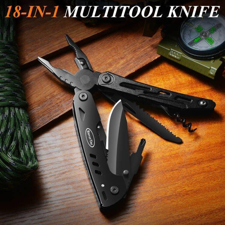 Multitool Pocket Knife Tactical Camping Survival Knife Gifts for Men Dad Husband 18 in 1 Multi Tool Knife Pliers Scissors Saw Corkscrew 9-Pack Screwdrivers with Safety Lock and Nylon Sheath