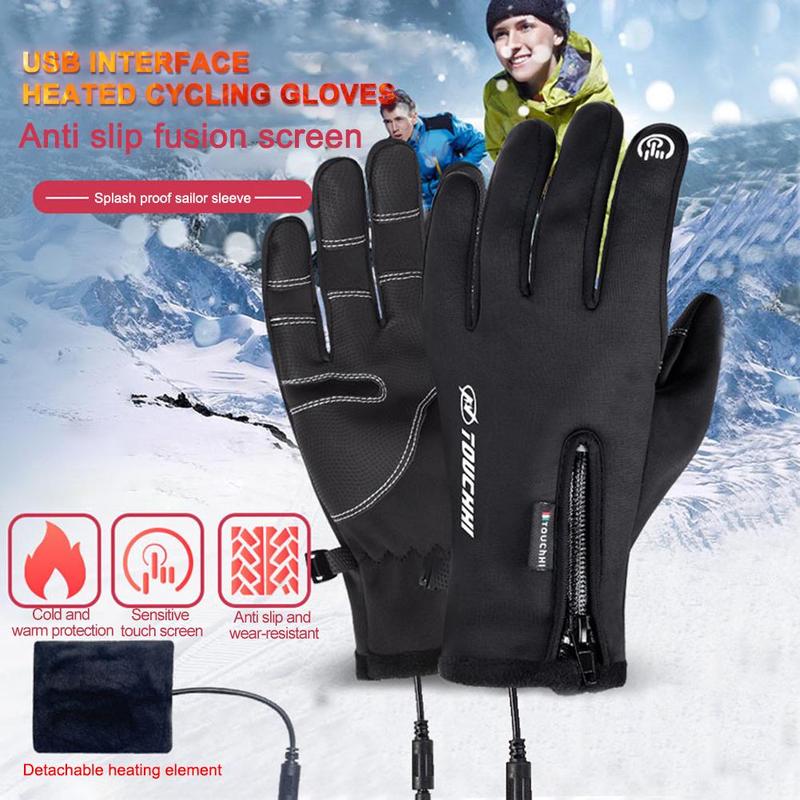 USB Heated Gloves Man Windproof Winter Motorcycle Gloves Hand Warmer Rechargeable Touch Screen Cycling Gloves for Camping Hiking