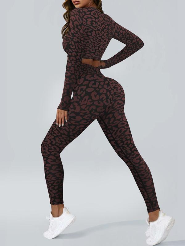 Women's Leopard Print Zip Up Sports Set, Breathable Comfortable Long Sleeve Crop Top & Pant Set for Yoga Gym Workout, Ladies Sportswear for All Seasons