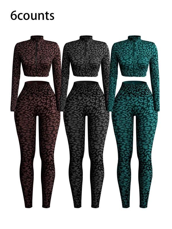 Women's Leopard Print Zip Up Sports Set, Breathable Comfortable Long Sleeve Crop Top & Pant Set for Yoga Gym Workout, Ladies Sportswear for All Seasons