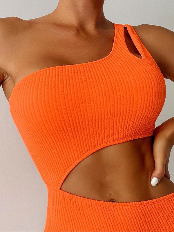 Women's Plain One Shoulder Ribbed One-Piece Swimsuit, Solid Color Cut Out Sleeveless One-Piece Swimwear, Ladies Swimsuit for Summer Beach Holiday Vacation