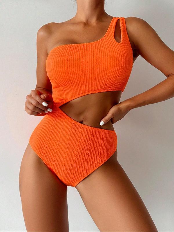 Women's Plain One Shoulder Ribbed One-Piece Swimsuit, Solid Color Cut Out Sleeveless One-Piece Swimwear, Ladies Swimsuit for Summer Beach Holiday Vacation