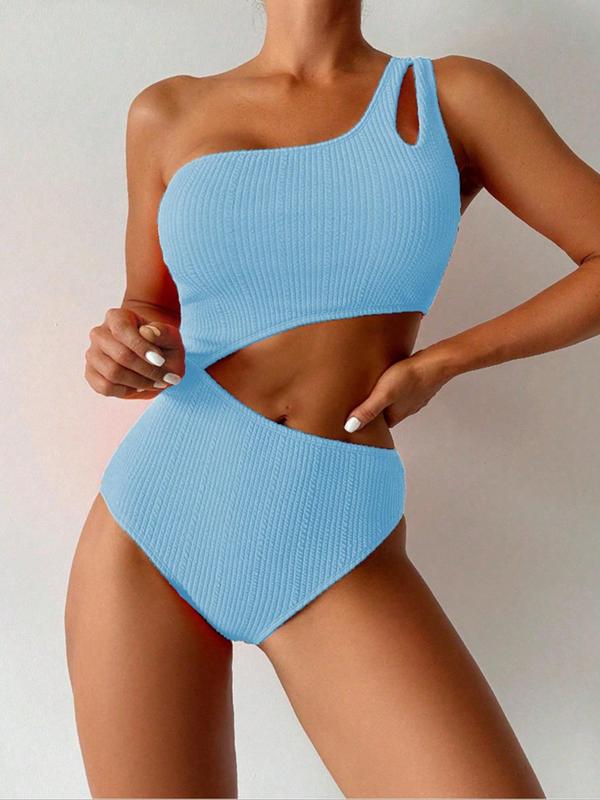 Women's Plain One Shoulder Ribbed One-Piece Swimsuit, Solid Color Cut Out Sleeveless One-Piece Swimwear, Ladies Swimsuit for Summer Beach Holiday Vacation