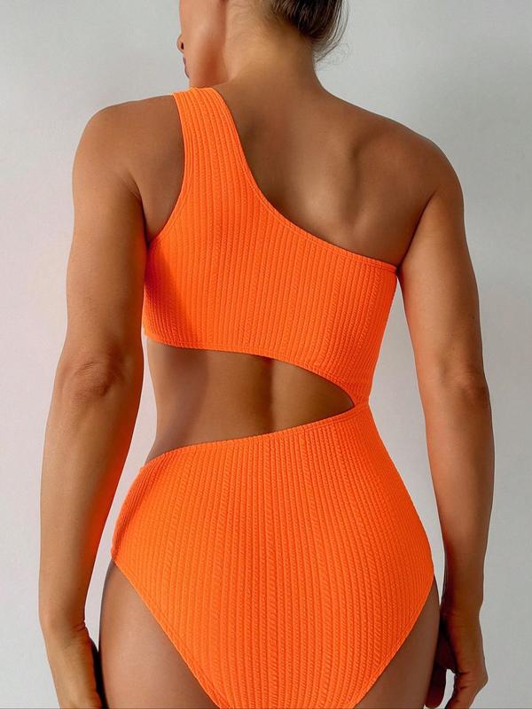 Women's Plain One Shoulder Ribbed One-Piece Swimsuit, Solid Color Cut Out Sleeveless One-Piece Swimwear, Ladies Swimsuit for Summer Beach Holiday Vacation