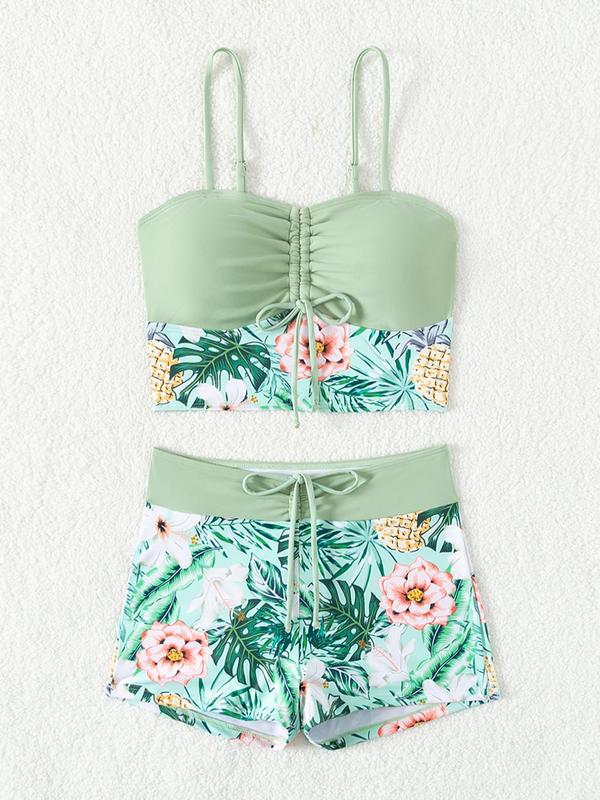 Women's Floral Print Drawstring Tankini Set, Boho Ruched Swim Crop Cami Top & High Waist Swim  Shorts, Two-piece Swimsuit for Beach Holiday Vacation