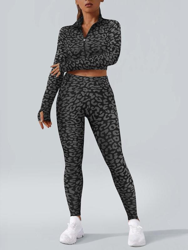 Women's Leopard Print Zip Up Sports Set, Breathable Comfortable Long Sleeve Crop Top & Pant Set for Yoga Gym Workout, Ladies Sportswear for All Seasons