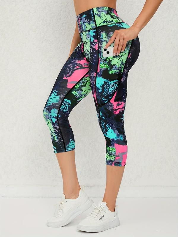 Women's All Over Print High Waist Pocket Capri Leggings, Scrunch Leggings for Women, Sporty High Stretch Skinny Pants for Yoga Gym Fitness,  Workout Clothes for Women,  Ladies Sportswear Bottoms for All Seasons