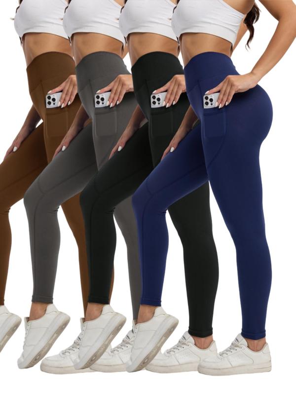 Women's Solid High Waist Pocket Sports Leggings, Casual Comfy Breathable Skinny Pants for Yoga Gym Workout Running, Ladies Sportswear for All Seasons