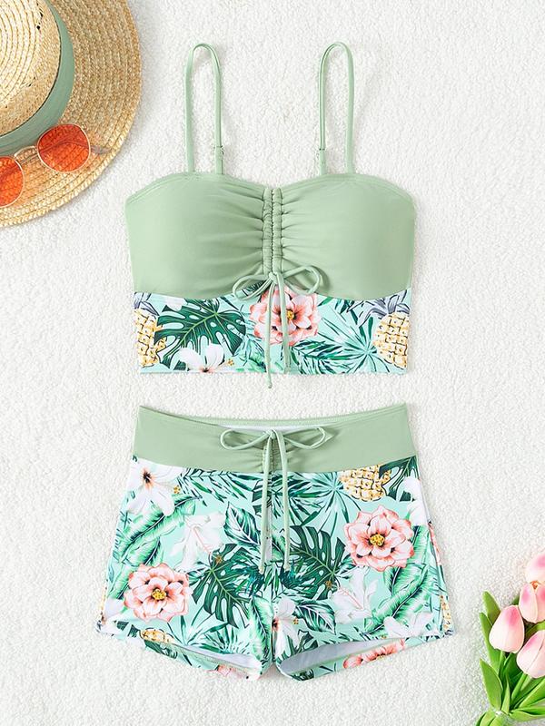 Women's Floral Print Drawstring Tankini Set, Boho Ruched Swim Crop Cami Top & High Waist Swim  Shorts, Two-piece Swimsuit for Beach Holiday Vacation