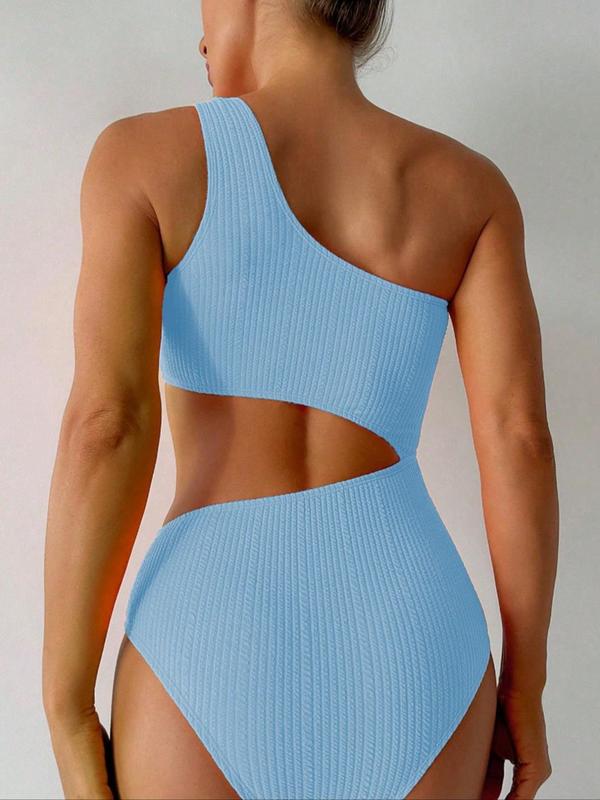 Women's Plain One Shoulder Ribbed One-Piece Swimsuit, Solid Color Cut Out Sleeveless One-Piece Swimwear, Ladies Swimsuit for Summer Beach Holiday Vacation