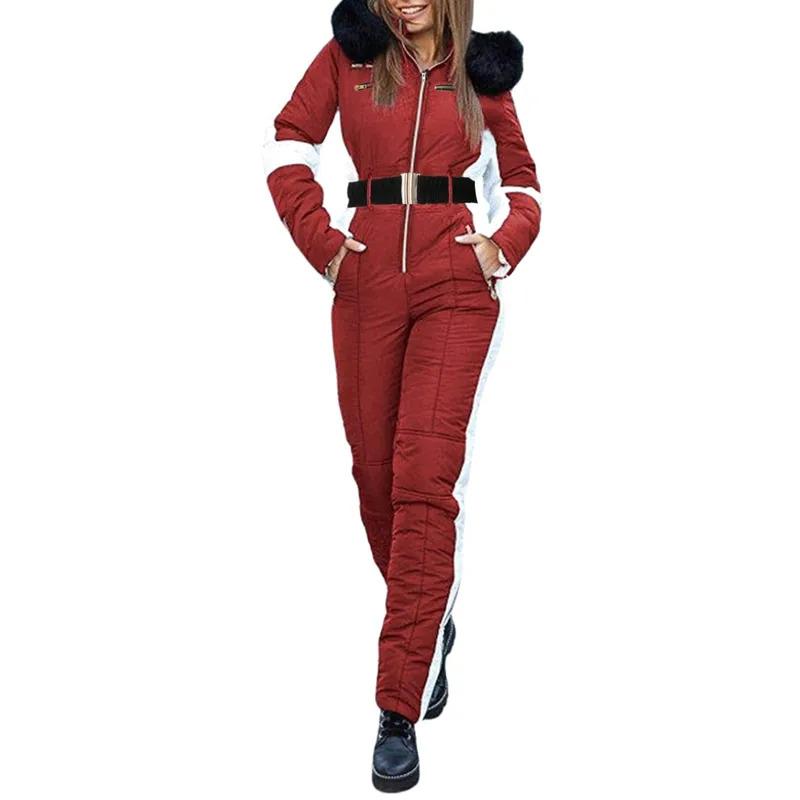 Women's Winter Snow Suit Sets Outdoor Sports Removable Collar Jumpsuit Outdoor Sports Zipper Ice Ski Set Hoodie Skiing Costume