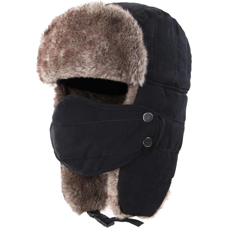 Men Trooper Trapper Hat Warm Winter Hats with Removable Face Mask Earflaps Faux Fur Winter Essential Outdoor Sports Hat winter essential